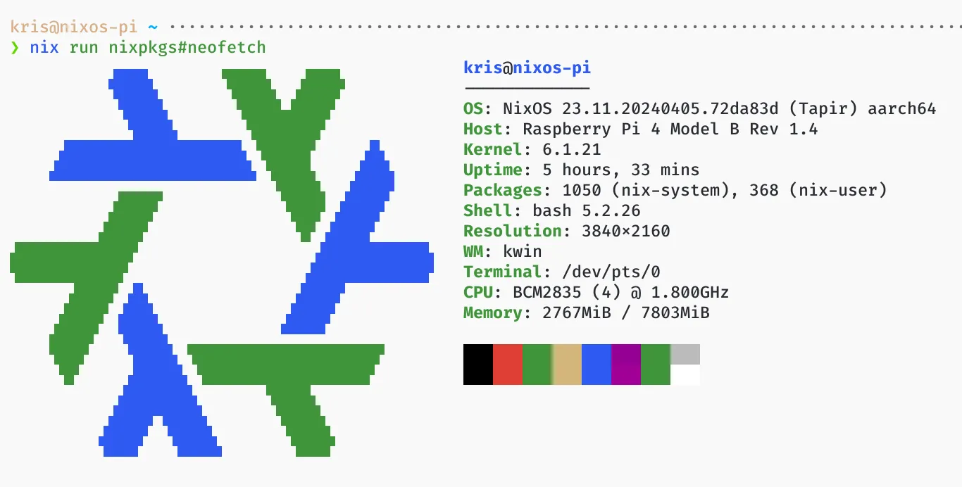 A neofetch screenshot showing a NixOS running on Raspberry Pi 4 Model B